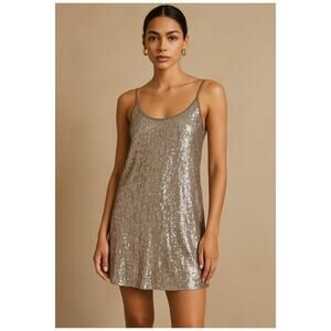 EUC Chan Luu Silver Sequin Mini Dress Slip Style Viscose Lined XS Sparkle Party
